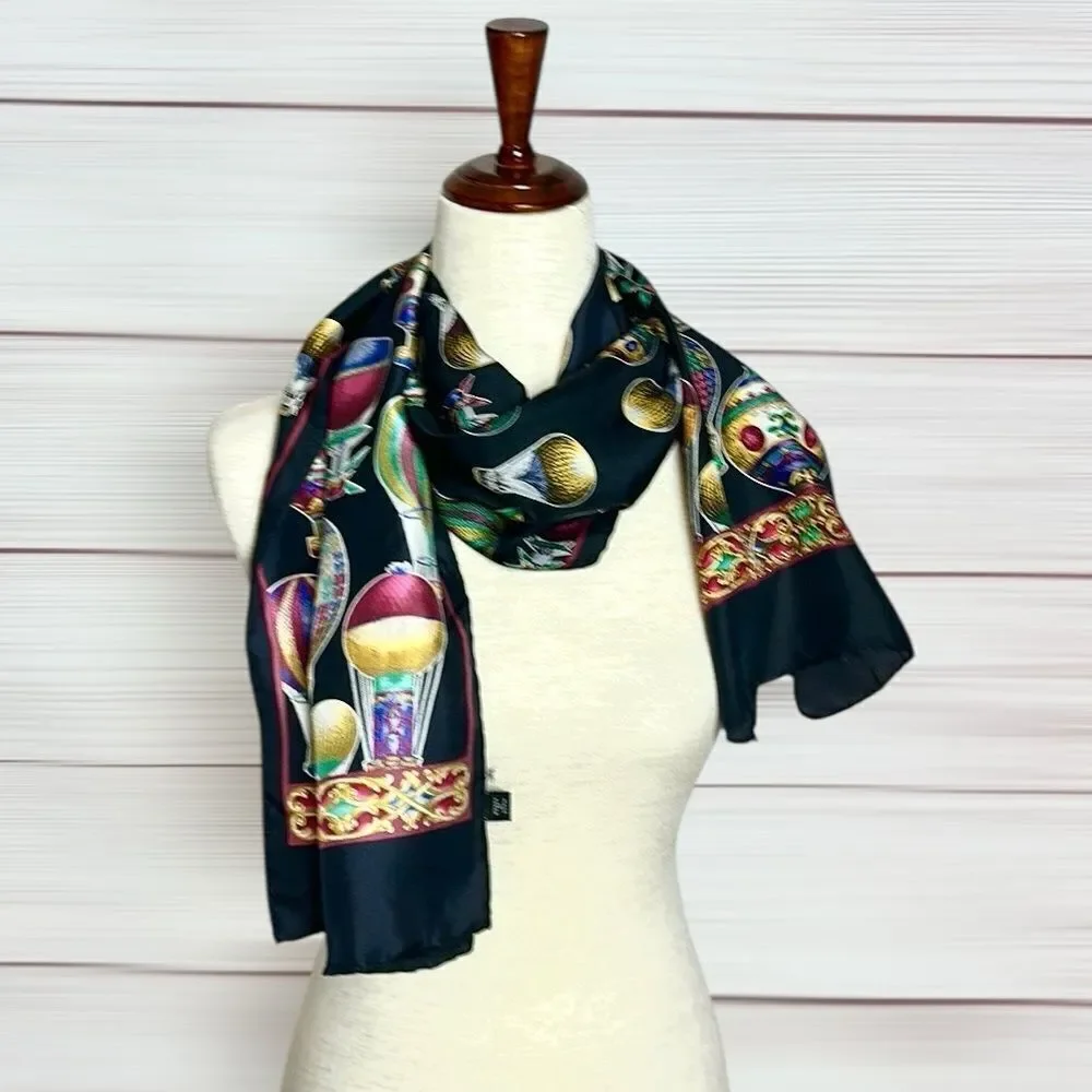 Hot Air Balloons Silk Scarf Black Rectangle 13.5x57” Hand Rolled made in Korea